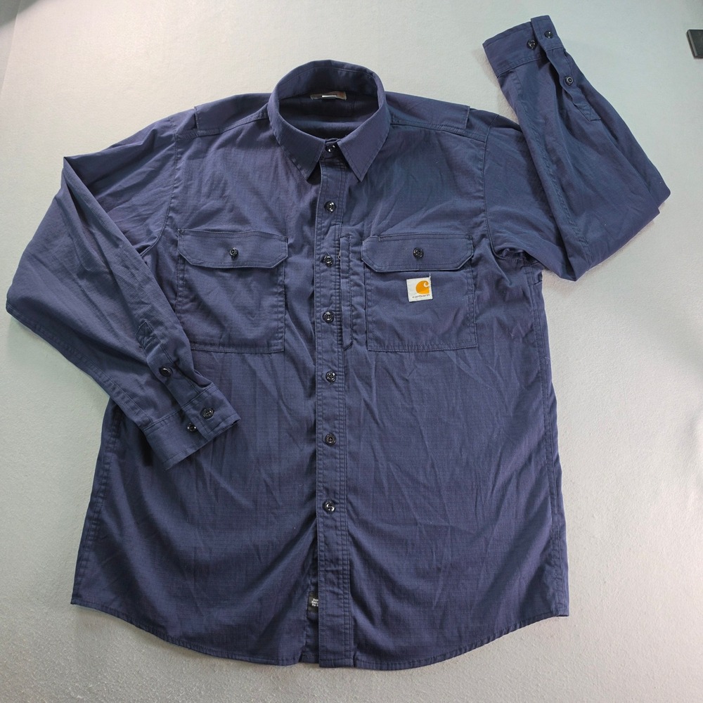 Carhartt Ripstop Work Shirt Mens L Navy Blue Long Sleeve Workwear 396-20